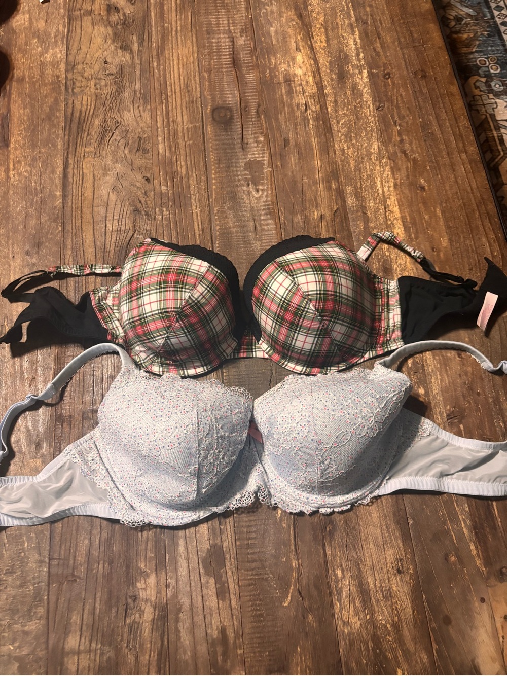 Victoria's Secret Plaid Red & Green Push-Up Bra and Body by Victoria Blue Lace